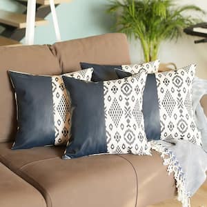 Bohemian Handmade Vegan Faux Leather Navy Blue 17 in. x 17 in. Square Abstract Geometric Throw Pillow (Set of 4)