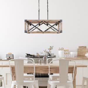 Farmhouse Wood Island Chandelier, Distressed Black Hanging Ceiling Light 4-Light Modern Pendant with Clear Glass Shades