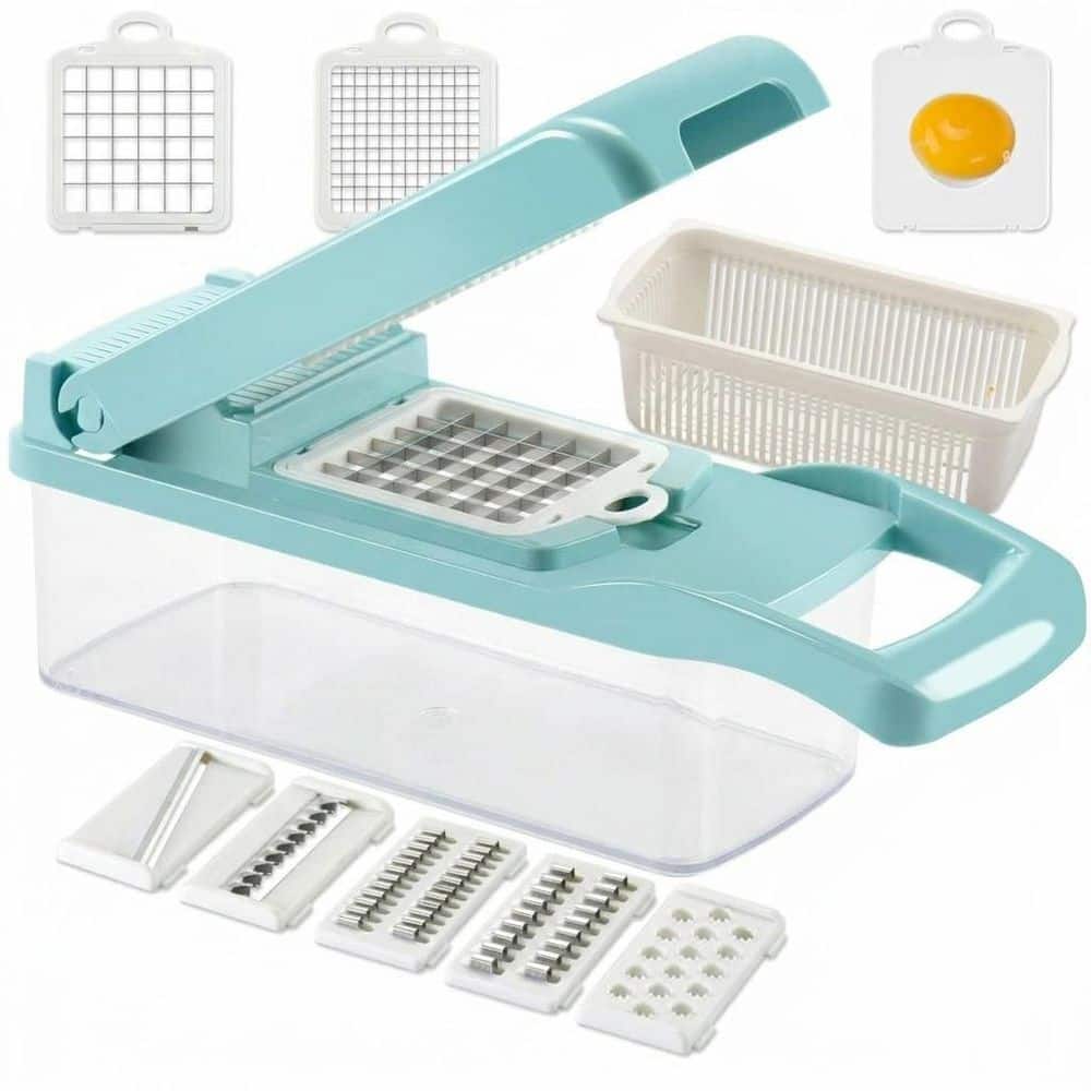 Multifunctional Plastic Mandoline Slicer with Stainless Steel Blades and Strainer Basket Vegetable Chopper Set