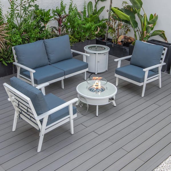 Leisuremod Walbrooke White 5-Piece Aluminum Round Patio Fire Pit Set with Navy Blue Cushions, Slats Design & Tank Holder