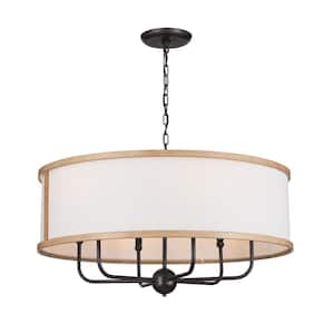 Heddle 30.5 in. 6-Light Anvil Iron and Beech Vintage Shaded Drum Chandelier for Dining Room
