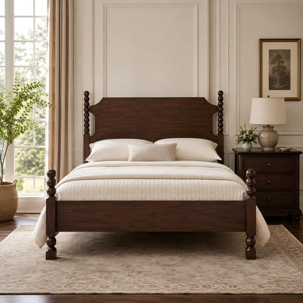 Albedo Dark Walnut Brown Solid Wood Frame Queen Size Platform Bed with Spindle Posts and Decorative Panel Headboard