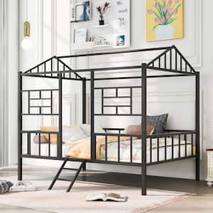 Black Metal Full Size House Platform Bed with Mini Ladder, Full-Length Guardrails and Slats Support