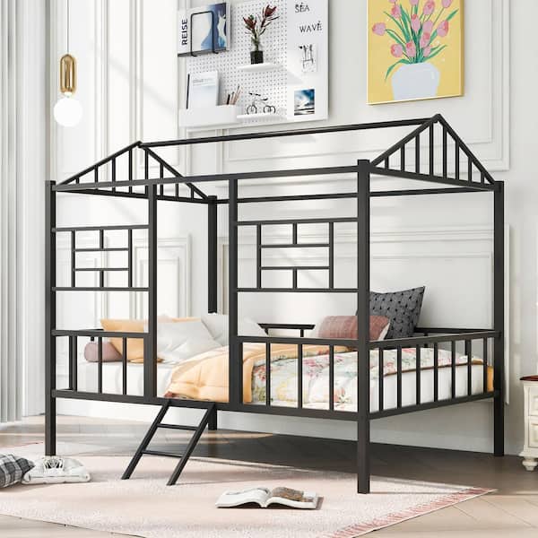 Harper & Bright Designs Black Metal Full Size House Platform Bed with Mini Ladder, Full-Length Guardrails and Slats Support