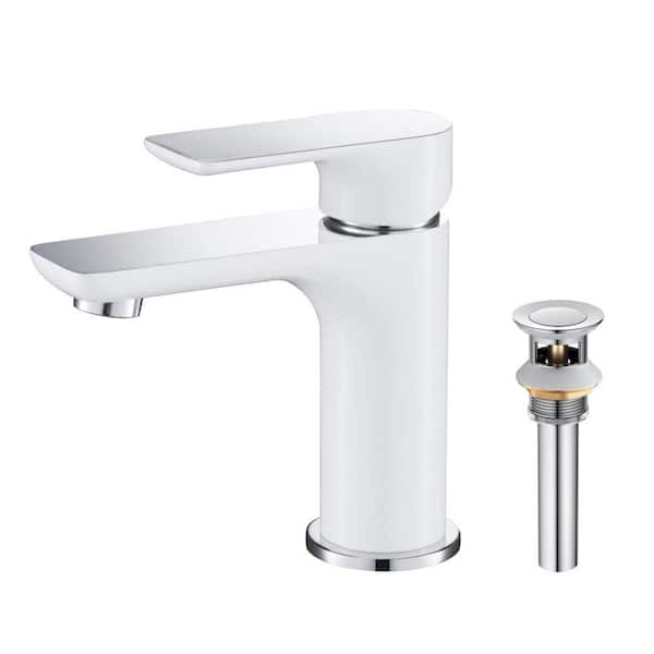 Single Handle Lever Handle Single Hole Bathroom Sink Faucet with Supply Lines and Pop-Up Drain in Chrome/White