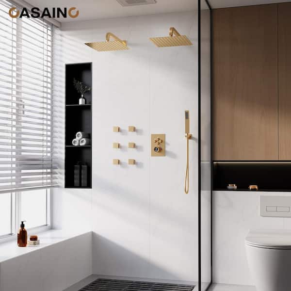 Single Handle 1-Spray Thermostatic 4-function Shower Faucet Dual Showerhead 1.8 GPM with Body Spray in. Brushed Gold