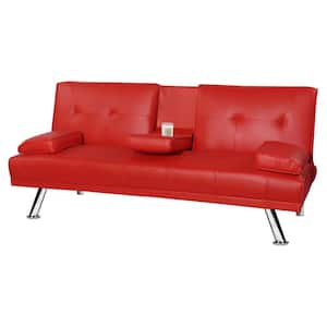 67 in. W Red Leather Full Size Sofa Bed Halloween Multi-functional Folding Sofa Bed Thanksgiving Convertible Sofa Bed