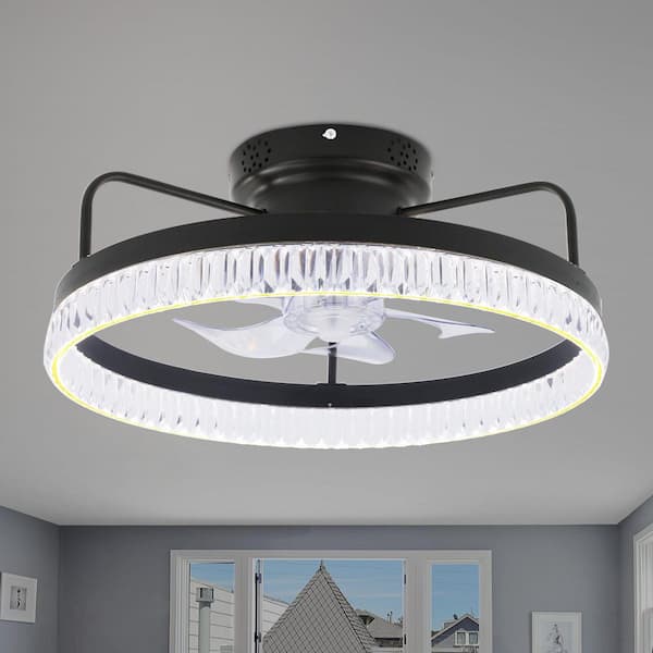 Oaks Aura 20in.LED Black Bladeless Smart App Control Low Profile Crystal Ceiling Fan With Light,Flush Mount Ceiling Fan