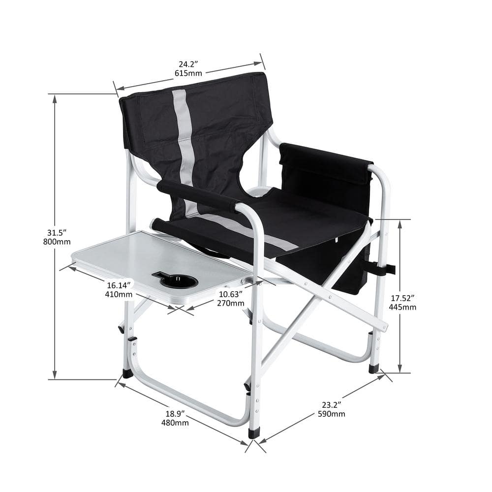 Black and Gray Aluminum Folding Outdoor Camping Chair Set with Storage Pockets