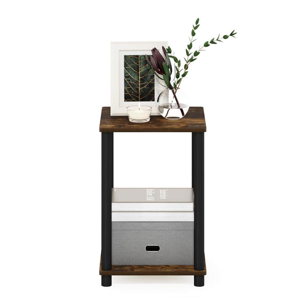 Compact Amber Pine & Black Square End Table with Shelf