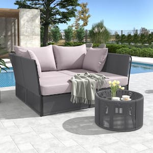 2-Piece Gray Metal Outdoor Patio Day Bed with Gray Cushions, Clear Tempered Glass Table and Dark Gray Rope