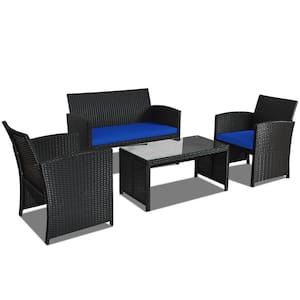 4-Pieces Rattan Wicker Patio Conversation Set with Navy Cushions and Tempered Glass Tabletop
