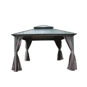 12 ft. x 12 ft. Outdoor Gray Aluminum Hardtop Gazebo with Galvanized Steel Double Roof with Curtain and Netting