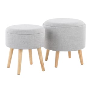 Tray Storage Light Grey Fabric and Natural Wood Ottoman with Matching Stool