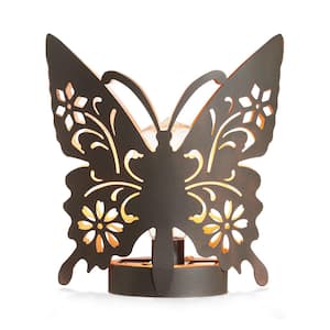 9 in. H Black and Gold Metal Cutout Flying Butterfly Silhouette Solar Powdered Edison Bulb Outdoor Lantern