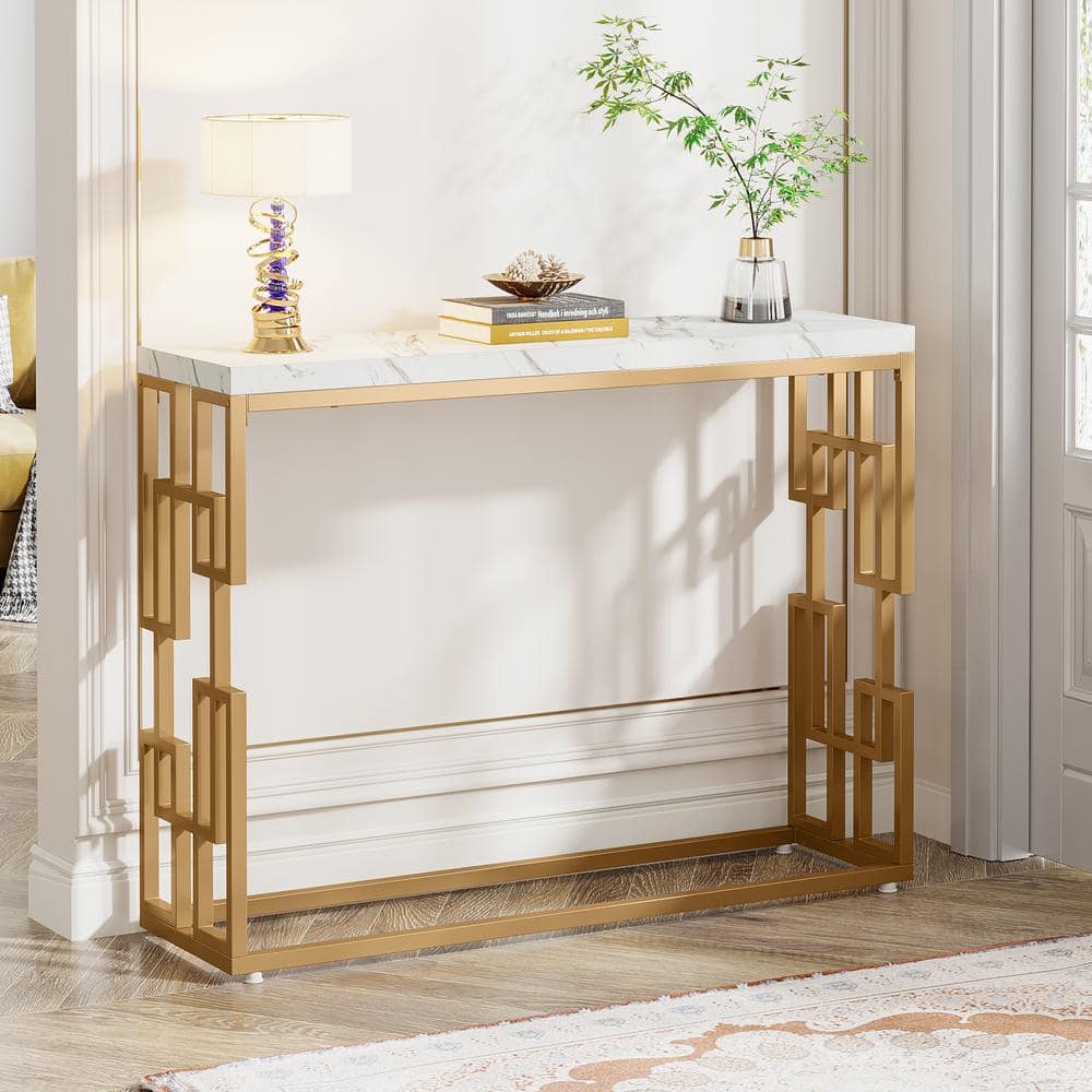 Modern Gold Console Table with White Faux Marble Top
