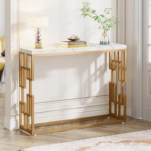 Turrella 42.5 in. White Gold Rectangle Wood Console Table with Geometric Wood Base for Living Room