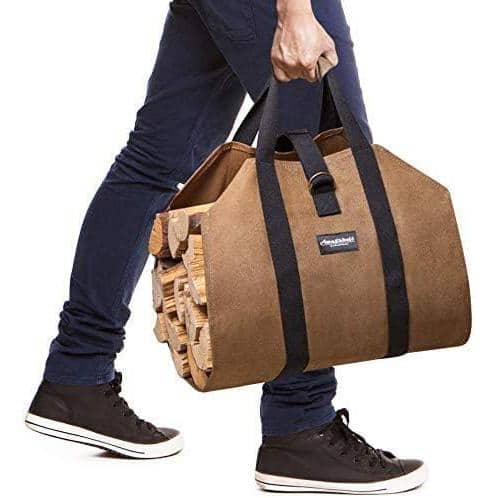 Large Brown Waxed Canvas Firewood Carrier Bag