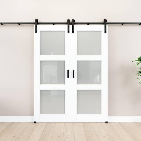 60 in. x 80 in. 3-Lite Frosted Glass White Primed MDF Double Assembly Required Sliding Barn Door with Hardware Kit