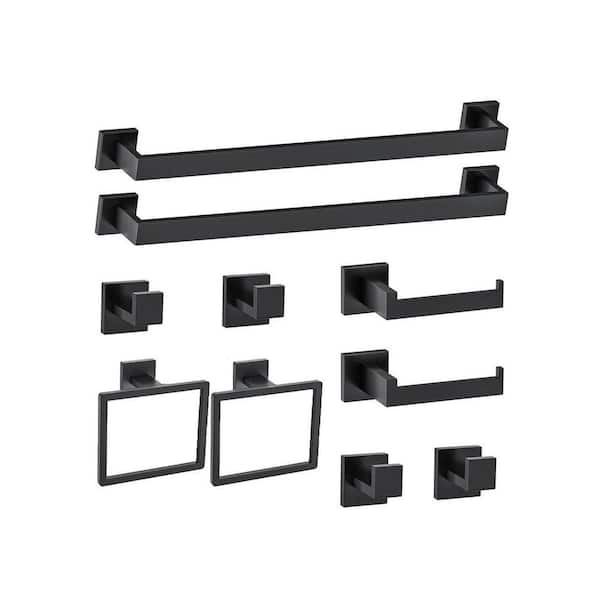 10-Piece Matte Black Bathroom Hardware Accessories Set with Towel Bars Toilet Paper Holders Towel Hooks in Black