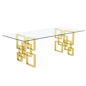 Dominga Clear Glass Top 46" Gold Double Pedestal Base Dining Table Seating 8.