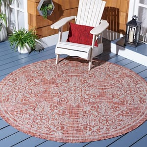 Courtyard Red/Ivory 7 ft. Round Distressed Border Floral Indoor/Outdoor Area Rug