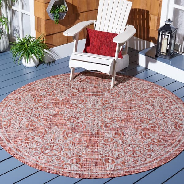 Courtyard Red/Ivory 7 ft. Round Distressed Border Floral Indoor/Outdoor Area Rug