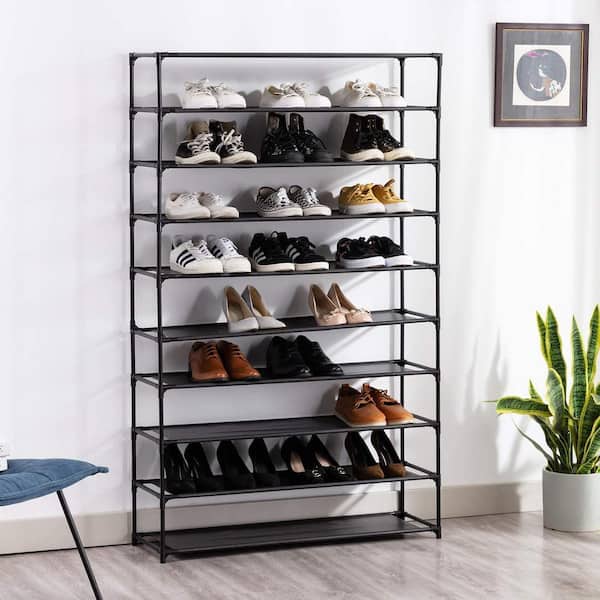 Finew 9 Tiers Shoe Rack Organizer for Entryway, Large Shoe Storage for  50-55 Pairs Boots, Non-Woven Fabric Shelf with Versatile Hooks and Wooden