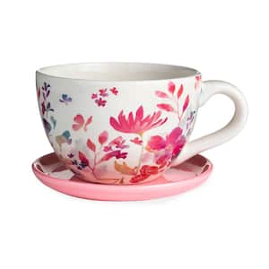 Floral Pink Ceramic Tea Cup Indoor/Outdoor Planter with Saucer