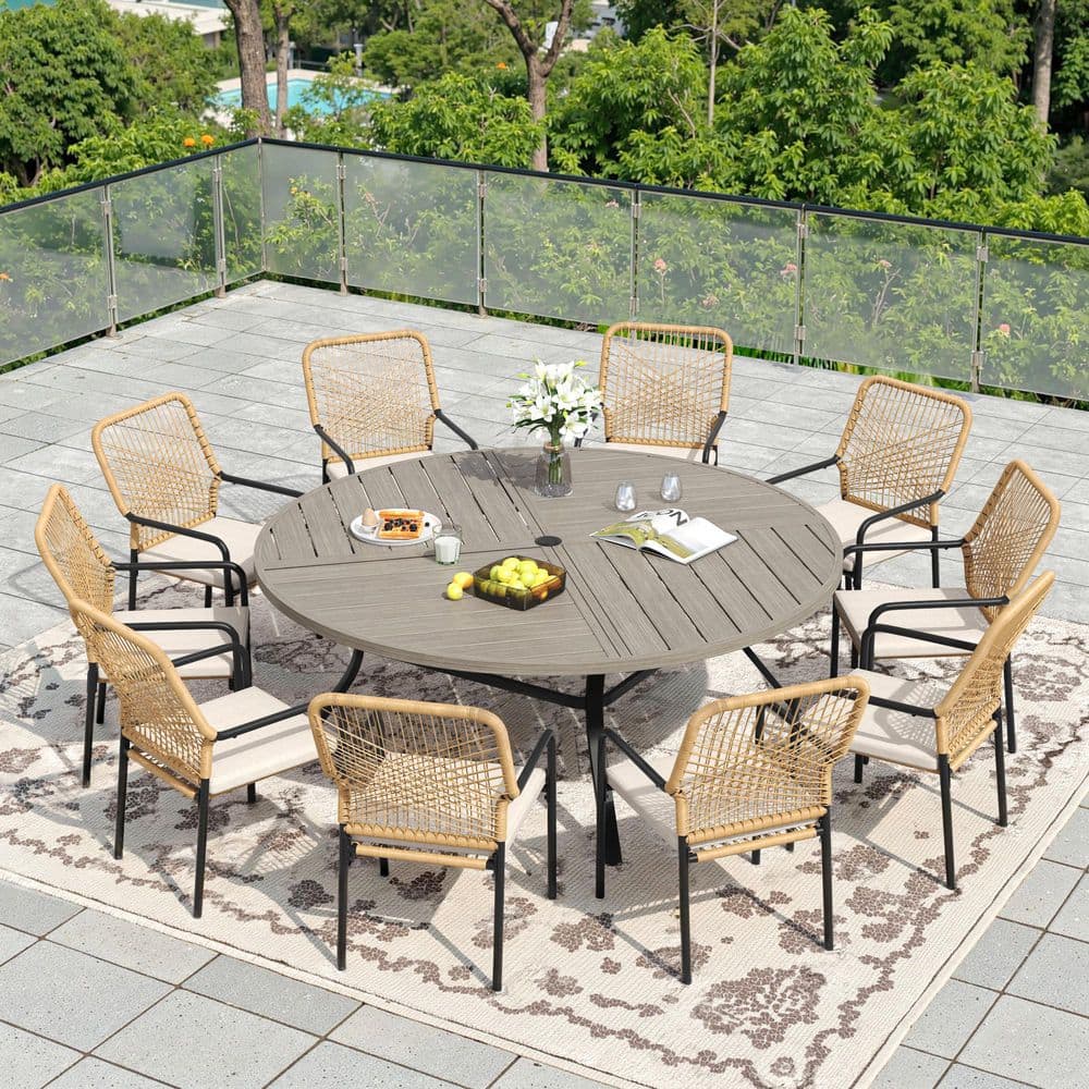 11-Piece Metal Patio Dining Set with 59.8 in. Gray Wood-Like Round Table and 10-Woven Rattan Chairs with Beige Cushions price history on PriceWatchPro