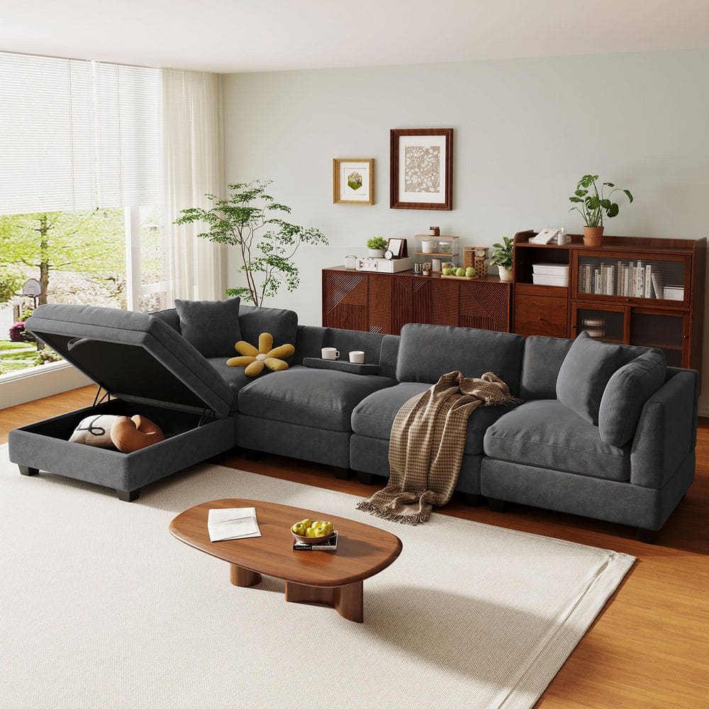 127.6 in. Square Arm Chenille 5-Piece L Shaped Sectional Sofa with Storage Ottoman and 2-Hidden Cup Holders in Gray