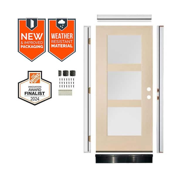 36in.x79in. 3-Lite LH Inswing Frosted Glass Unfinished Fiberglass AssemblyRequired Front Door Kit w/QuickAssembleJamb