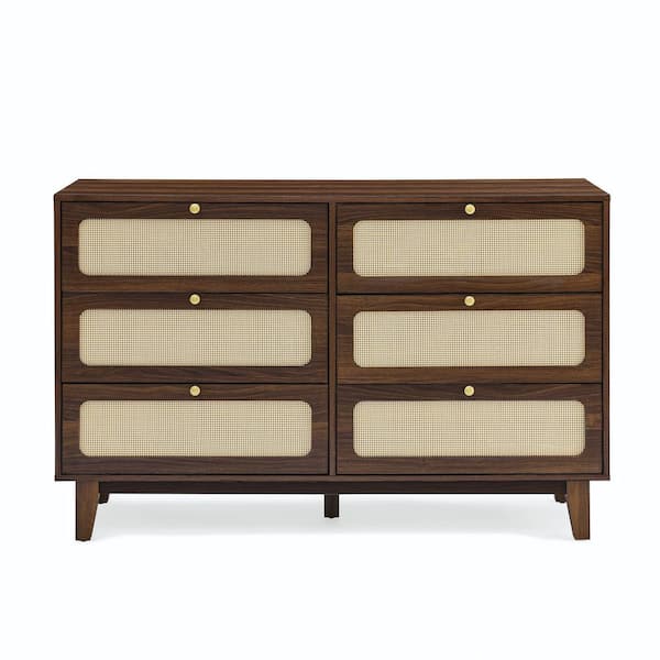 Natural Walnut Wood 6-Drawer 52.00 in. Wide Dresser without Mirror