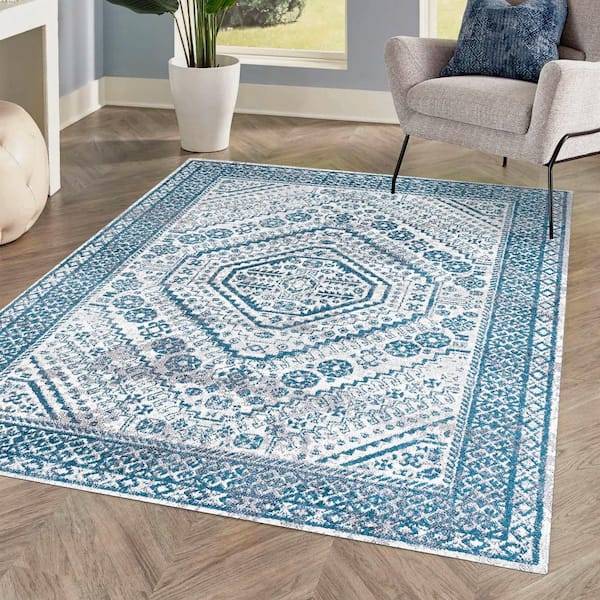 Boho Blue/White 4 ft. x 6 ft. Cottage Medallion Area Rug
