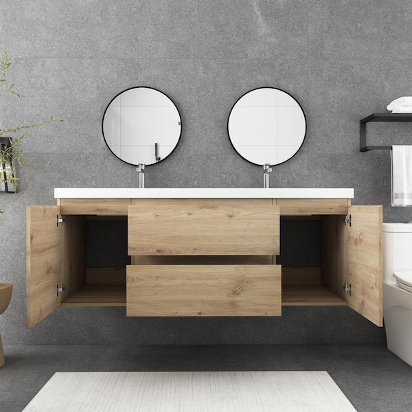 Unbranded 60 in. W x 20 in. D x 23 in . H Double Sink Bathroom Vanity in F. Oak with White Cultured Marble Top