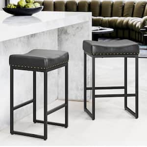 24 in. Black Cusioned Backless Faux Leather Saddle Bar Stools with Metal Frame (Set of 2)