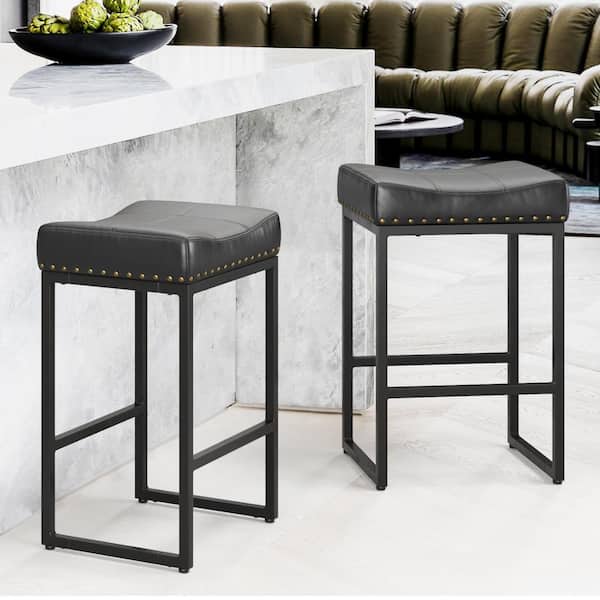 LUE BONA 24 in. Black Cusioned Backless Faux Leather Saddle Bar Stools with Metal Frame (Set of 2)