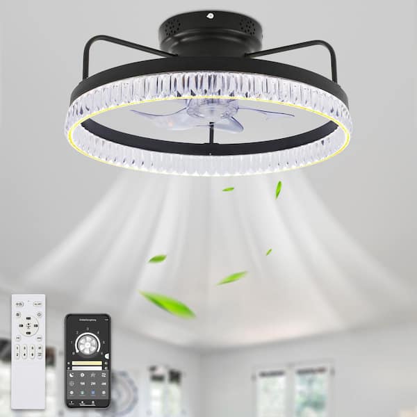 Bella Depot 20 in. LED Indoor Black Low Profile DC Motor Flush Mount Ceiling Fan with Dimmable Light and Smart App Remote