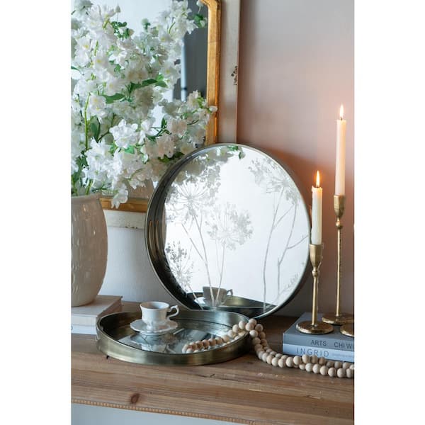 A & B Home Round Silver Plastic Mirror Trays with Tree Motif (Set of 2) L: D 17.5 x 2 in. S: D 14.5 x 2 in.