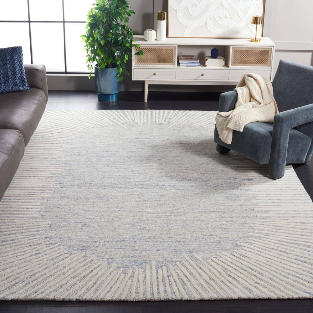 Blue and Ivory Abstract Handmade Wool 8' x 10' Area Rug