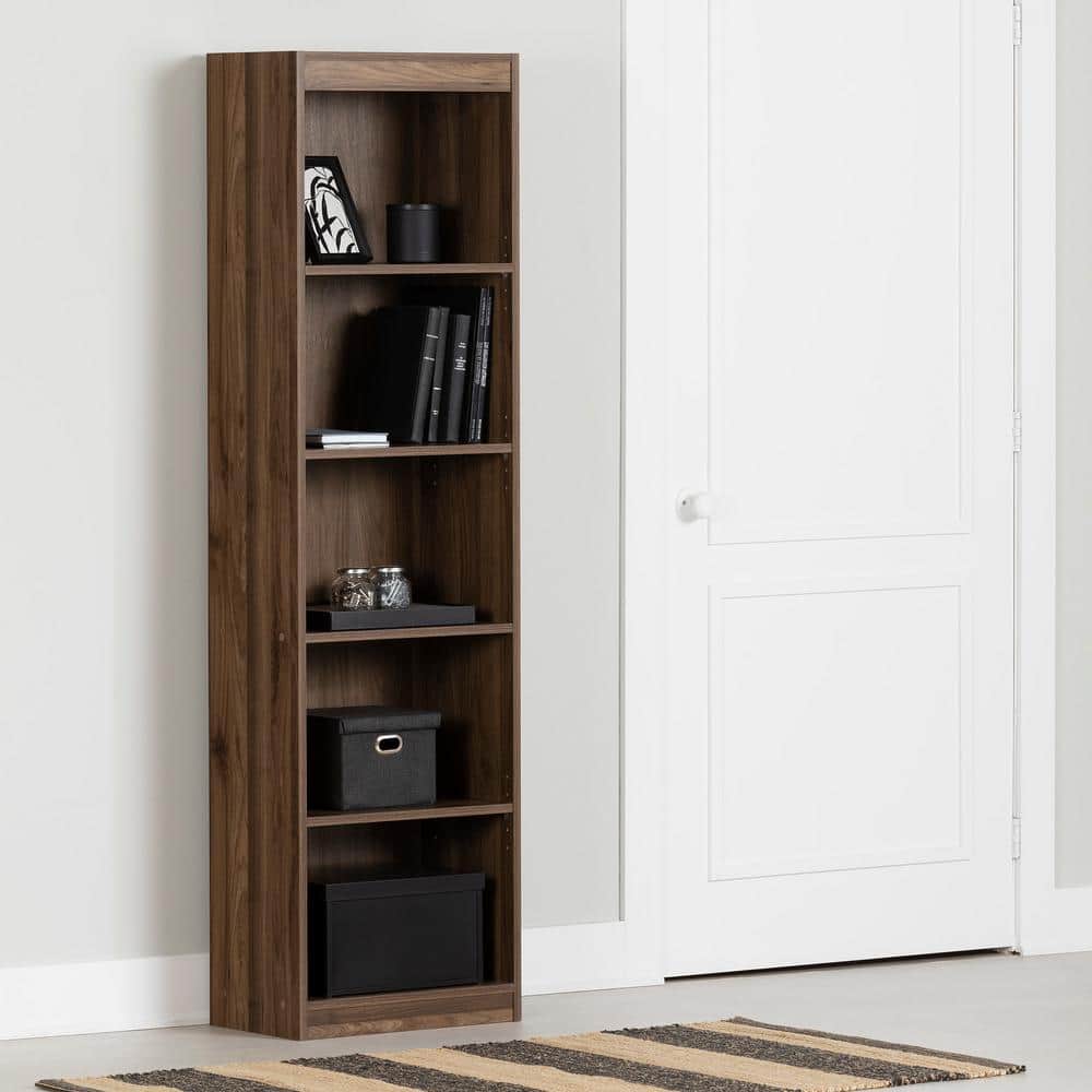 Natural Walnut Adjustable 5-Shelf Narrow Bookcase