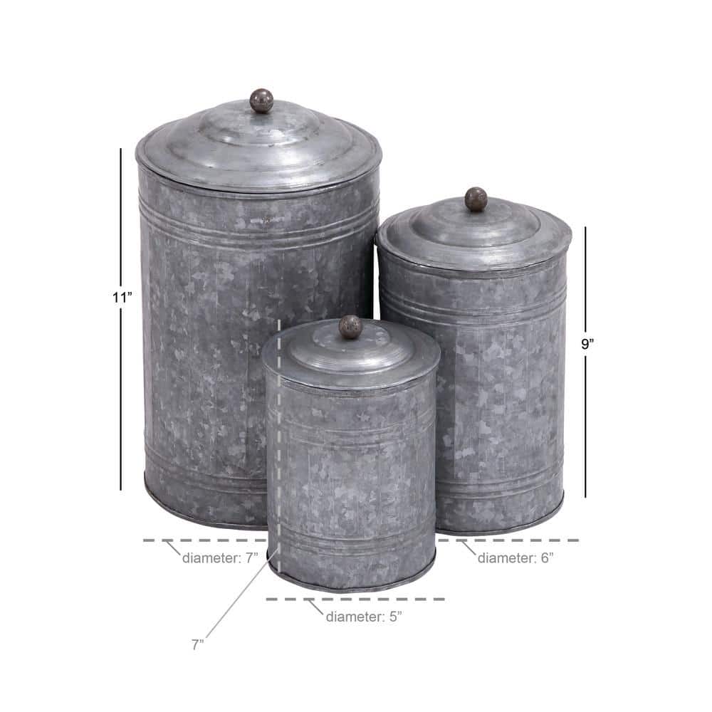 Gray Galvanized Metal Cylinder Canister Set with Lids