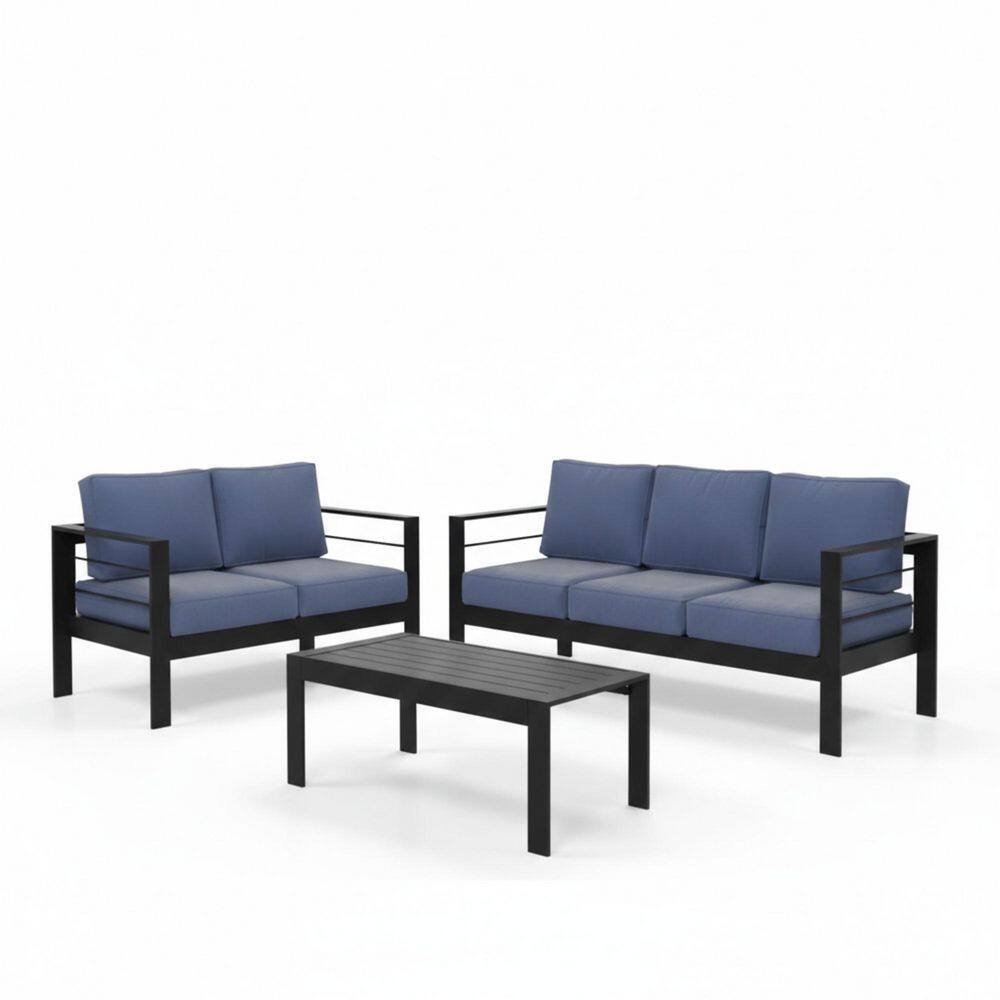 3-Piece Aluminum Outdoor Sectional Set with Blue Cushions, Patio Conversation Set, 5-Seat Outdoor Sofa Set, Black price history on PriceWatchPro