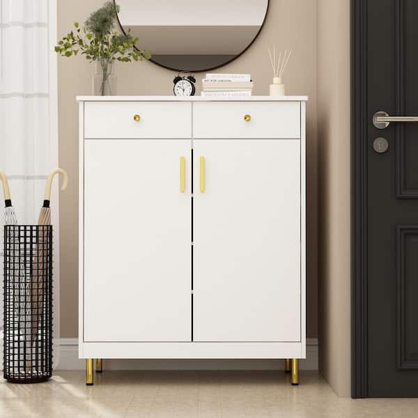 FUFU&GAGA 31.5 in. W × 39.4 in. H, White Wooden Shoes Storage Cabinet with Adjustable Shelves and 2 Drawers For Entryway Hallway