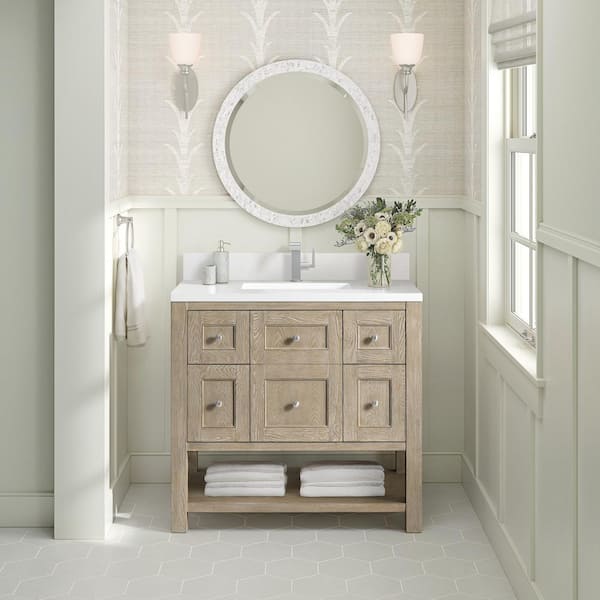 James Martin Vanities Breckenridge 36.0 in. W x 23.5 in. D x 34.18 in. H Single Bath Vanity in Whitewashed Oak with White Zeus Quartz Top