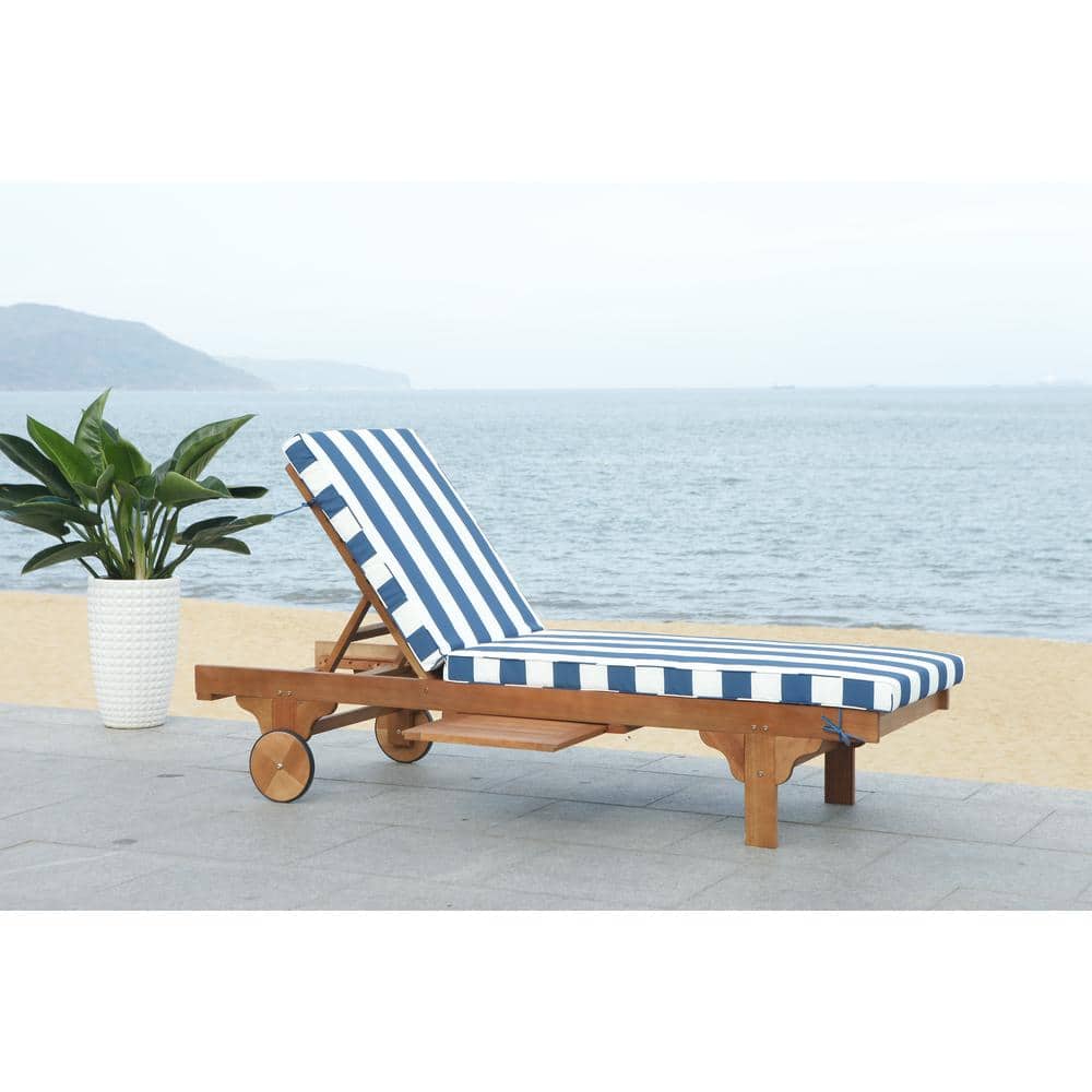 Natural Eucalyptus Wood Outdoor Chaise Lounge with Navy Striped Cushion