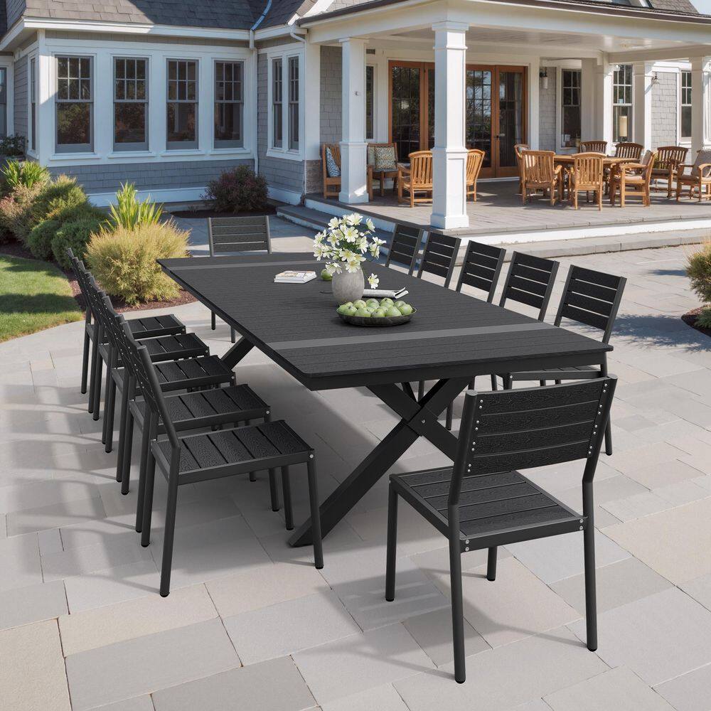 Black 13-Piece 118 in. Aluminum Wood-Like Rectangular Patio Outdoor Dining Set with Stackable Chairs and Umbrella Hole price history on PriceWatchPro