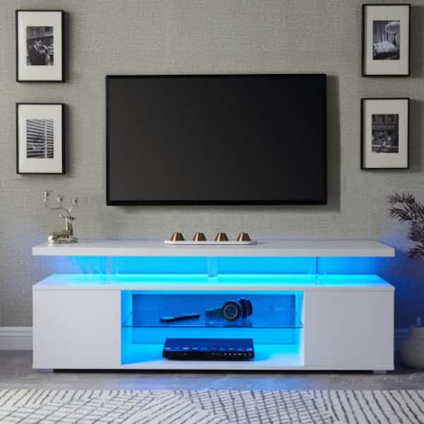 White TV Stand LED Gaming Entertainment Center Media Storage Console Fits TV's up to 70 in. with Large Side Cabinet