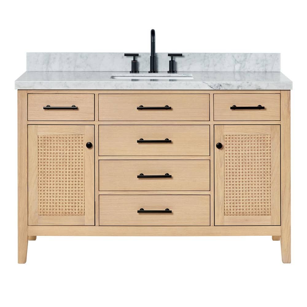 Camila 55" Light Brown Oak Single Sink Bathroom Vanity with Carrara Marble Top
