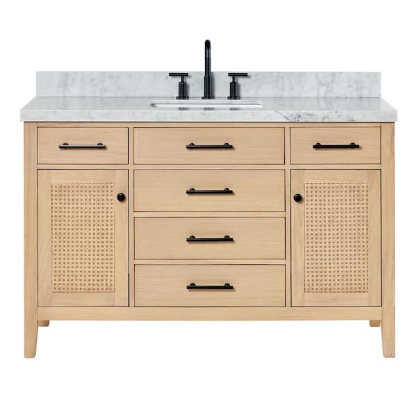Camila 55 in. W x 22 in. D x 36 in. H Single Sink Bath Vanity in White Oak with Italian Carrara Marble Top